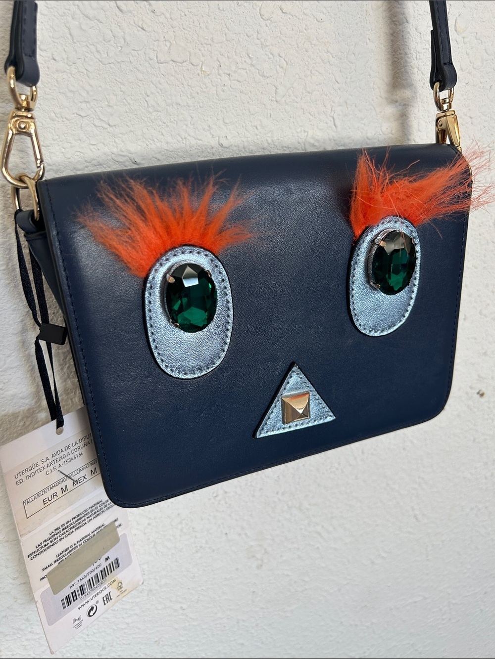 Uterque Navy Crossbody Bag with Orange Fur Accents